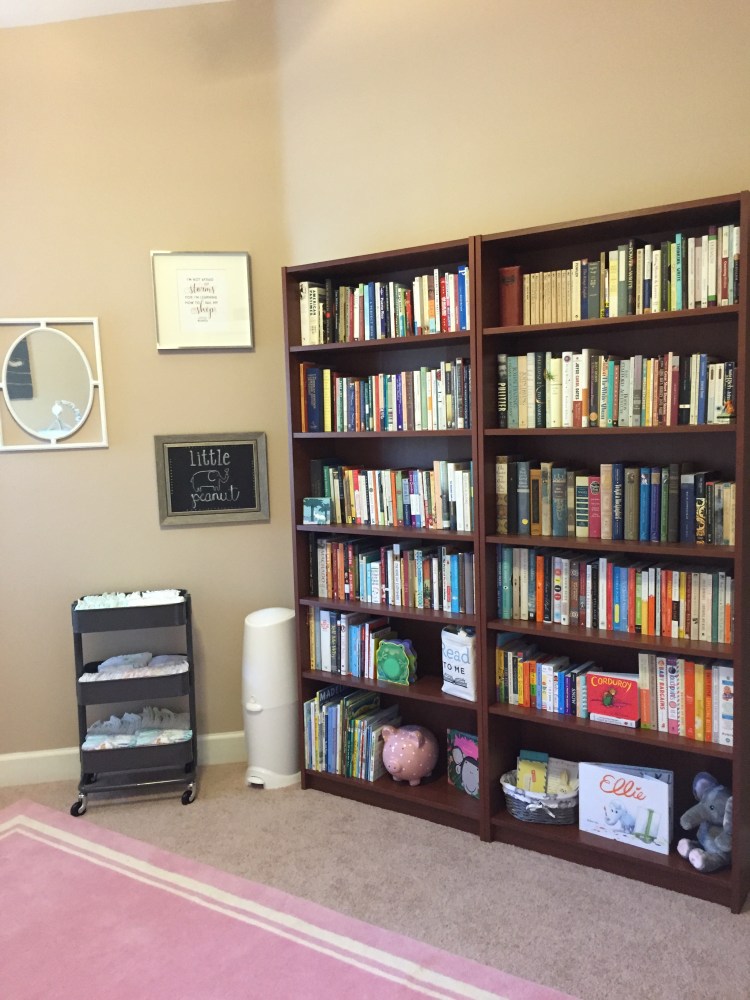Naturally, Madelyn's room needed to have lots of books. The bottom shelves are filled with kids' books. I organized the other books accordingly. The classics, for instance, are on the middle shelf; I figured she'd be about that height once she's ready to read them. 