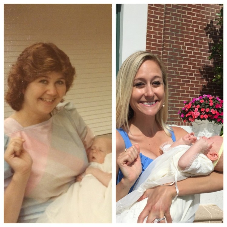 My mom holding me on the day I was baptized, and me holding Madelyn the day she was baptized. Madelyn wore the same baptism dress that I wore 30 years ago.